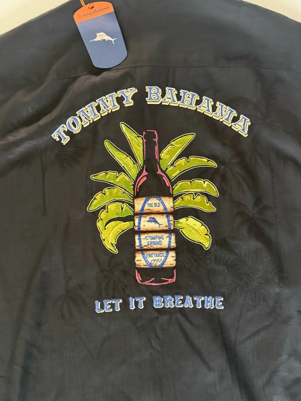 TOMMY BAHAMA Embroidered 100% Silk Black Button-Up Shirt ‘Let it Breathe’ Size M - Picture 2 of 8